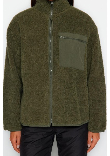 Kadın Moda Oversize Dik Yaka Standart Kol Uzun Kalın Polar Fermuarlı Uzun Kol Cepli Örme Sweatshirt