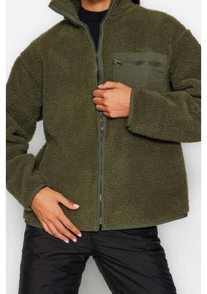Kadın Moda Oversize Dik Yaka Standart Kol Uzun Kalın Polar Fermuarlı Uzun Kol Cepli Örme Sweatshirt fiyatları