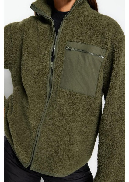 Kadın Moda Oversize Dik Yaka Standart Kol Uzun Kalın Polar Fermuarlı Uzun Kol Cepli Örme Sweatshirt fırsatları