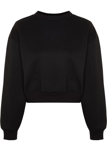 Kadın Bisiklet Yaka Düşük Kol Kalın Içi Polarlı Taş Detaylı Normal Kalıp Örme Sweatshirt