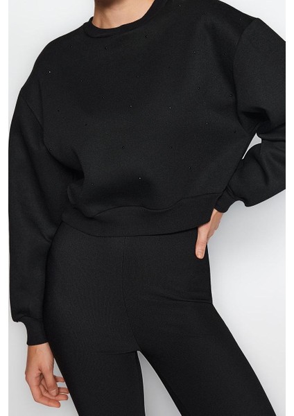 Kadın Bisiklet Yaka Düşük Kol Kalın Içi Polarlı Taş Detaylı Normal Kalıp Örme Sweatshirt