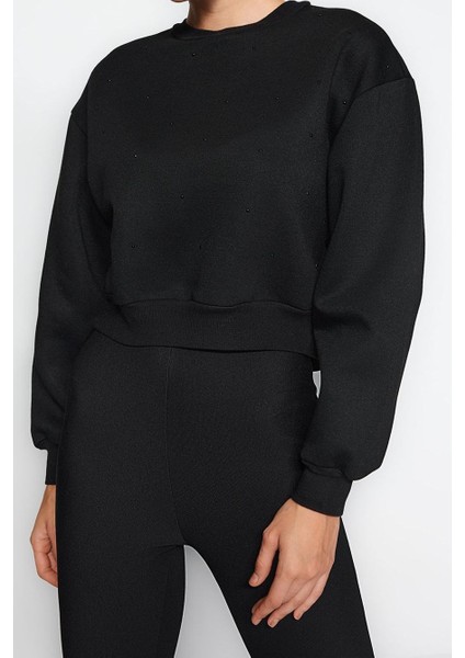 Kadın Bisiklet Yaka Düşük Kol Kalın Içi Polarlı Taş Detaylı Normal Kalıp Örme Sweatshirt
