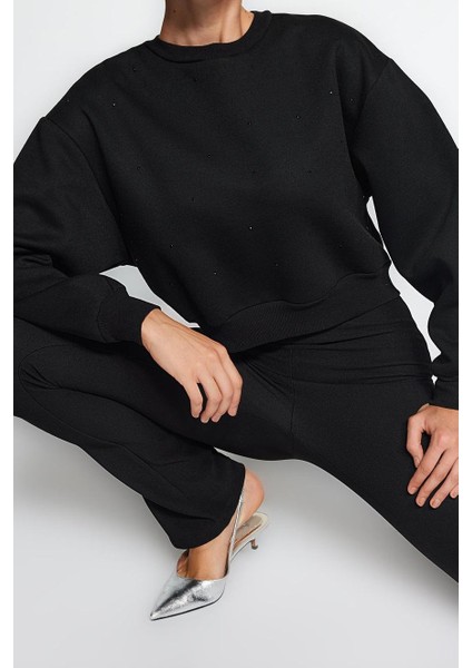 Kadın Bisiklet Yaka Düşük Kol Kalın Içi Polarlı Taş Detaylı Normal Kalıp Örme Sweatshirt