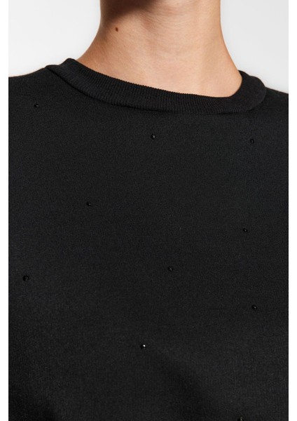 Kadın Bisiklet Yaka Düşük Kol Kalın Içi Polarlı Taş Detaylı Normal Kalıp Örme Sweatshirt
