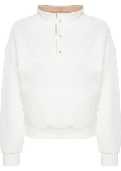 Kadın Dik Yaka Standart Kol Normal Kalıp Çıtçıtlı Dikiş Detaylı Kalın Örme Sweatshirt