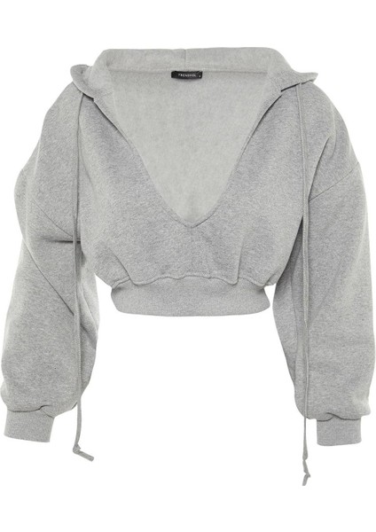 Kadın Relaxed Kapüşonlu Düşük Kol Crop Kalın Içi Polarlı V Yaka Rahat Kesim Crop Örme Sweatshirt