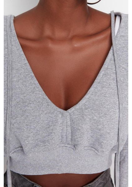 Kadın Relaxed Kapüşonlu Düşük Kol Crop Kalın Içi Polarlı V Yaka Rahat Kesim Crop Örme Sweatshirt