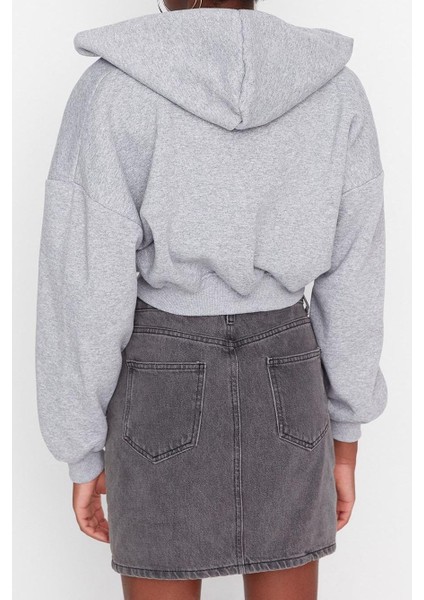 Kadın Relaxed Kapüşonlu Düşük Kol Crop Kalın Içi Polarlı V Yaka Rahat Kesim Crop Örme Sweatshirt