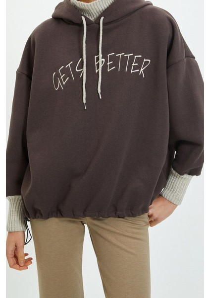 Kadın Moda Şık Relaxed Kapüşonlu Düşük Kol Uzun Kalın Içi Polarlı Triko Bant Detaylı Örme Sweatshirt