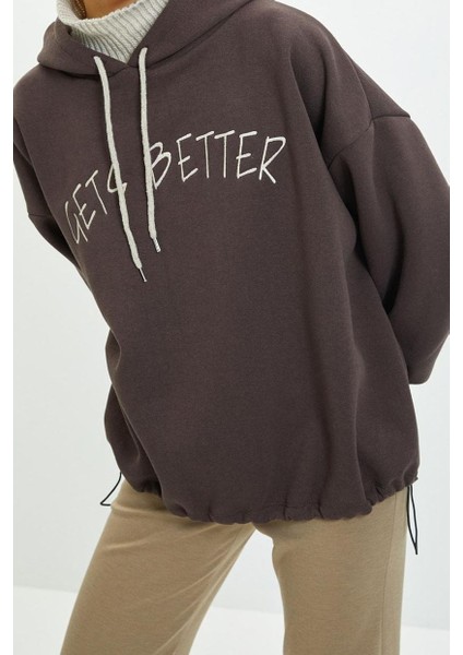 Kadın Moda Şık Relaxed Kapüşonlu Düşük Kol Uzun Kalın Içi Polarlı Triko Bant Detaylı Örme Sweatshirt fırsatları