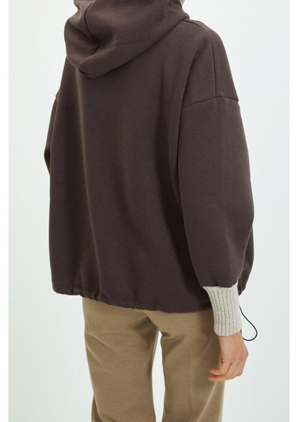 Kadın Moda Şık Relaxed Kapüşonlu Düşük Kol Uzun Kalın Içi Polarlı Triko Bant Detaylı Örme Sweatshirt indirimleri