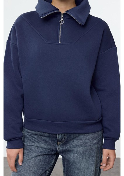 Kadın Moda Bol Fermuarlı Yaka Düşük Kol Uzun Kalın Içi Polarlı Fermuarlı Geniş Kalıp Örme Sweatshirt