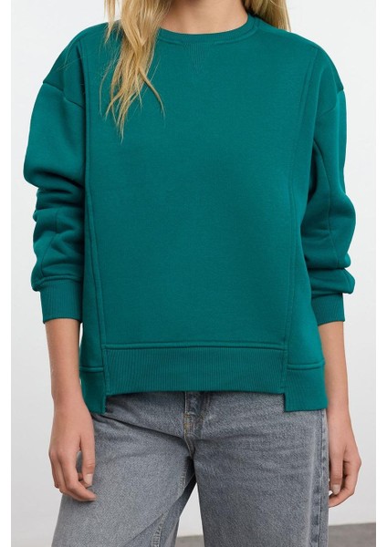 Kadın Moda Şık Relaxed Bisiklet Yaka Düşük Kol Uzun Etek Ucu Detaylı Rahat Kalıp Örme Sweatshirt