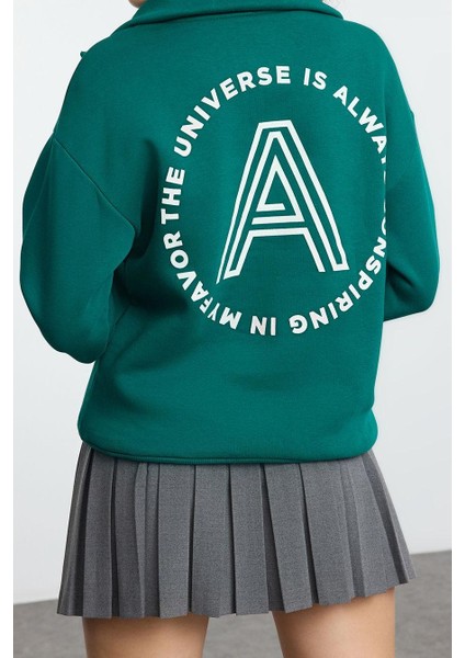 Kadın Bol Fermuarlı Yaka Düşük Kol Uzun Slogan Baskılı Geniş Kalıp Kalın Içi Polarlı Örme Sweatshirt