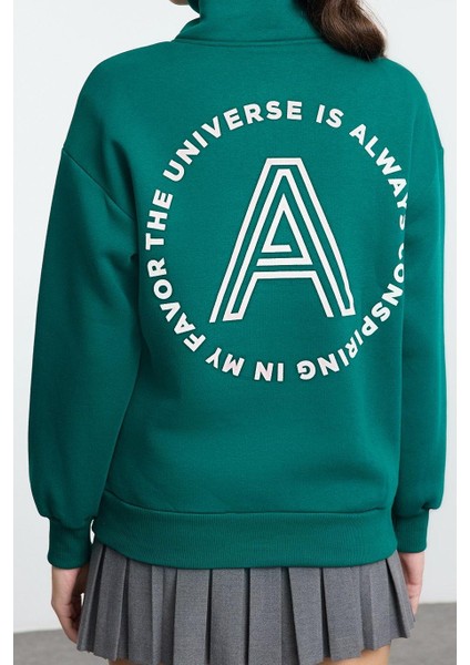 Kadın Bol Fermuarlı Yaka Düşük Kol Uzun Slogan Baskılı Geniş Kalıp Kalın Içi Polarlı Örme Sweatshirt