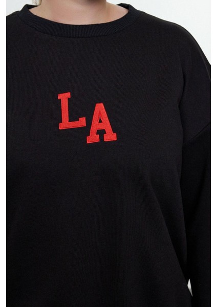 Kadın Büyük Beden Moda Şık Oversize Bisiklet Yaka Düşük Kol Regular Nakış Detaylı Örme Sweatshirt fırsatları