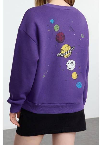Kadın Regular Bisiklet Yaka Düşük Kol Regular Kalın Içi Polarlı Baskılı Normal Kalıp Örme Sweatshirt