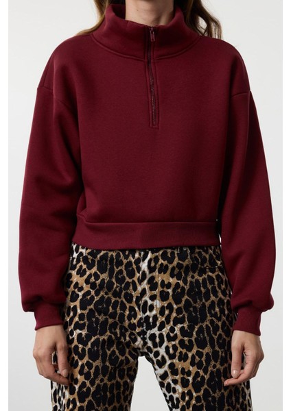 Kadın Fitted Fermuarlı Yaka Düşük Kol Crop Rahat Kesim Crop Fermuarlı Kalın Polarlı Örme Sweatshirt