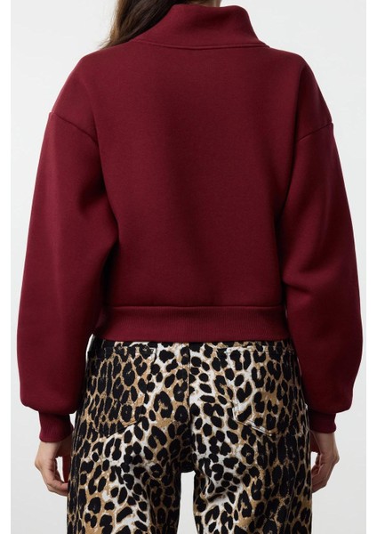 Kadın Fitted Fermuarlı Yaka Düşük Kol Crop Rahat Kesim Crop Fermuarlı Kalın Polarlı Örme Sweatshirt indirimleri