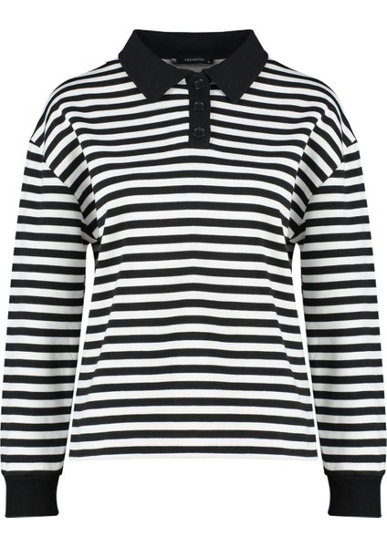 Kadın Moda Oversize Polo Yaka Düşük Kol Regular Çizgili Polo Yaka Kalın Içi Polarlı Örme Sweatshirt