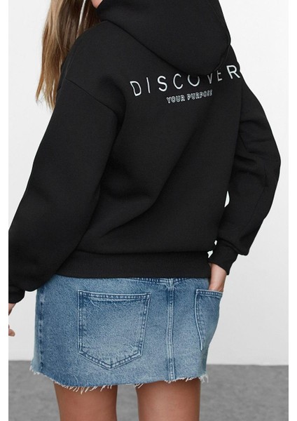 Kadın Moda Bol Kapüşonlu Düşük Kol Uzun Sırt Baskılı Geniş Kalıp Kalın Içi Polarlı Örme Sweatshirt