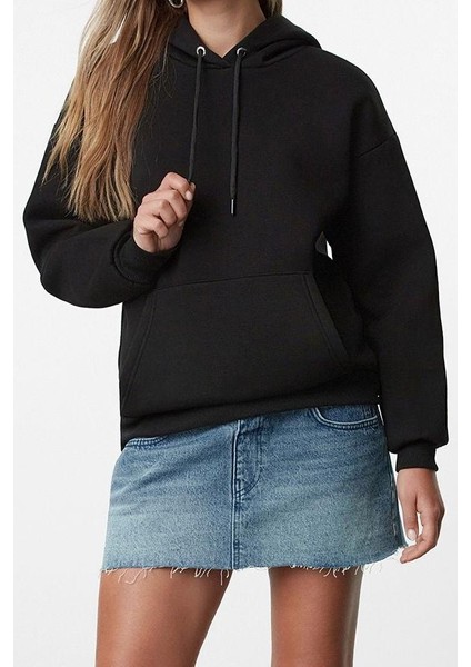 Kadın Moda Bol Kapüşonlu Düşük Kol Uzun Sırt Baskılı Geniş Kalıp Kalın Içi Polarlı Örme Sweatshirt