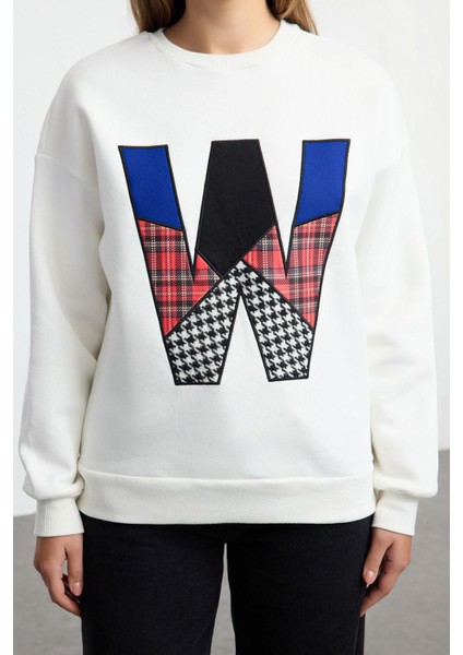 Kadın Bol Bisiklet Yaka Düşük Kol Uzun Kalın Içi Polarlı Slogan Patch Geniş Kesim Örme Sweatshirt