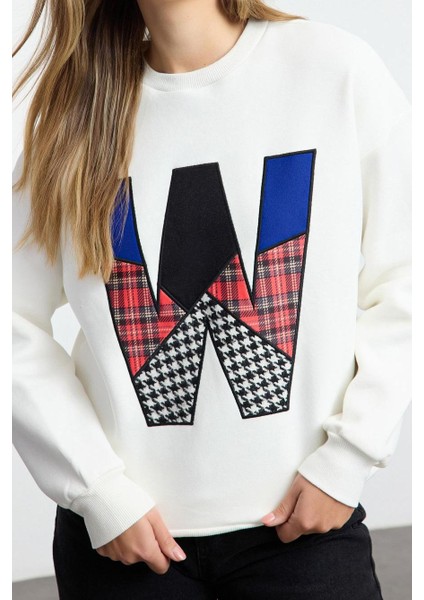 Kadın Bol Bisiklet Yaka Düşük Kol Uzun Kalın Içi Polarlı Slogan Patch Geniş Kesim Örme Sweatshirt modelleri