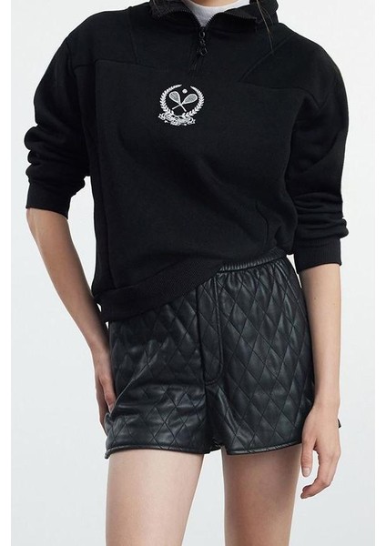 Kadın Fermuarlı Yaka Standart Nakışlı Normal Kalıp Kalın Polarlı Fermuarlı Yaka Örme Sweatshirt