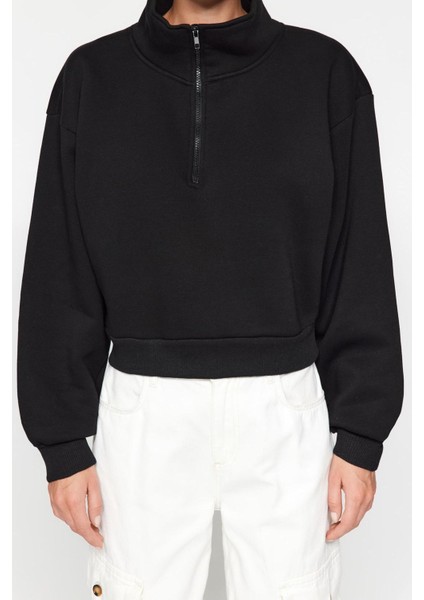 Kadın Fitted Fermuarlı Yaka Crop Rahat Kesim Crop Basic Fermuarlı Kalın Polarlı Örme Sweatshirt