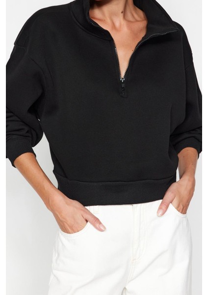 Kadın Fitted Fermuarlı Yaka Crop Rahat Kesim Crop Basic Fermuarlı Kalın Polarlı Örme Sweatshirt fiyatları