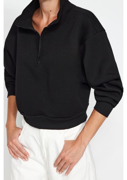 Kadın Fitted Fermuarlı Yaka Crop Rahat Kesim Crop Basic Fermuarlı Kalın Polarlı Örme Sweatshirt modelleri