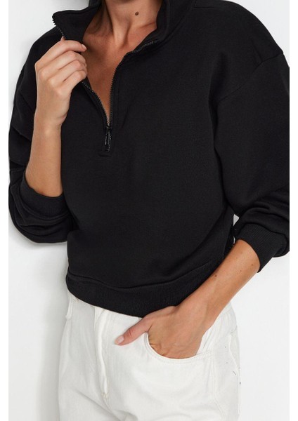 Kadın Fitted Fermuarlı Yaka Crop Rahat Kesim Crop Basic Fermuarlı Kalın Polarlı Örme Sweatshirt fırsatları