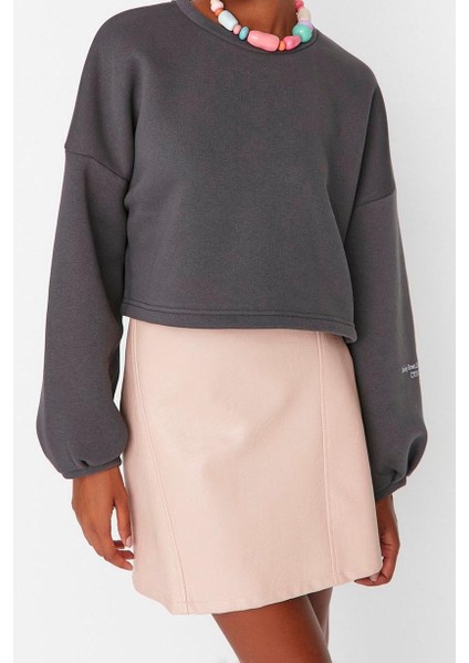 Kadın Bisiklet Yaka Düşük Kol Crop Kalın Polarlı Rahat Kesim Crop Kolu Baskılı Örme Sweatshirt fiyatları