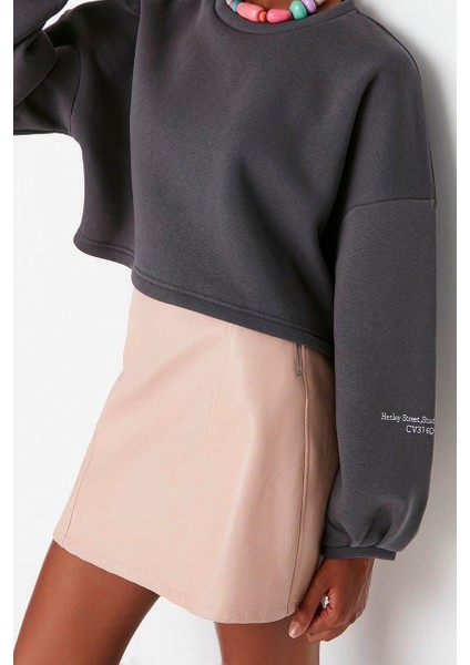 Kadın Bisiklet Yaka Düşük Kol Crop Kalın Polarlı Rahat Kesim Crop Kolu Baskılı Örme Sweatshirt modelleri