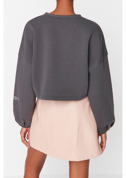 Kadın Bisiklet Yaka Düşük Kol Crop Kalın Polarlı Rahat Kesim Crop Kolu Baskılı Örme Sweatshirt indirimleri