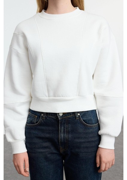 Kadın Bisiklet Yaka Düşük Kol Kalın Içi Polarlı Dikiş Detaylı Normal Kalıp Örme Sweatshirt