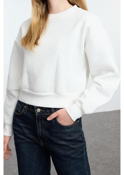 Kadın Bisiklet Yaka Düşük Kol Kalın Içi Polarlı Dikiş Detaylı Normal Kalıp Örme Sweatshirt fiyatları