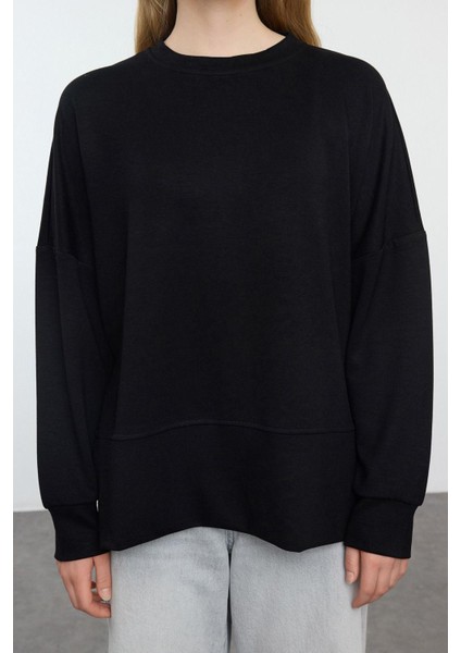 Kadın Moda Şık Bol Bisiklet Yaka Düşük Kol Uzun Geniş Kesim Yırtmaçlı Yumuşak Tuşeli Örme Sweatshirt