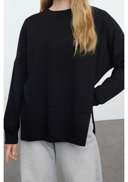 Kadın Moda Şık Bol Bisiklet Yaka Düşük Kol Uzun Geniş Kesim Yırtmaçlı Yumuşak Tuşeli Örme Sweatshirt fiyatları