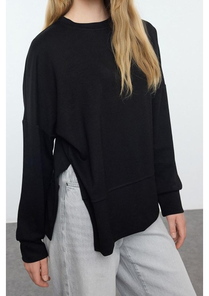 Kadın Moda Şık Bol Bisiklet Yaka Düşük Kol Uzun Geniş Kesim Yırtmaçlı Yumuşak Tuşeli Örme Sweatshirt modelleri