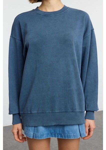 Kadın Moda Şık Oversize Bisiklet Yaka Düşük Kol Uzun Yıkamalı Rahat Kesim Basic Örme Sweatshirt