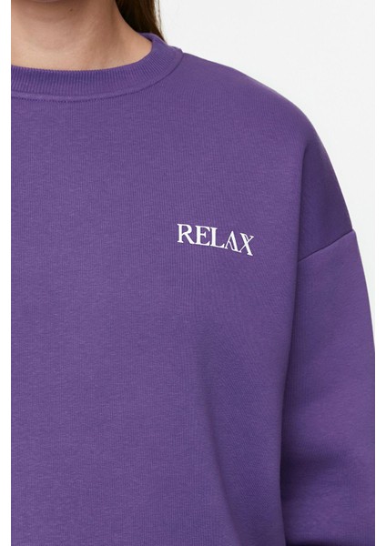 Kadın Bol Bisiklet Yaka Düşük Kol Uzun Geniş Kalıp Slogan Baskılı Kalın Içi Polarlı Örme Sweatshirt