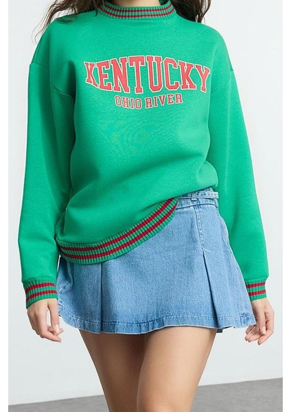 Kadın Moda Bol Dik Yaka Düşük Kol Uzun Slogan Baskılı Geniş Kalıp Kalın Içi Polarlı Örme Sweatshirt