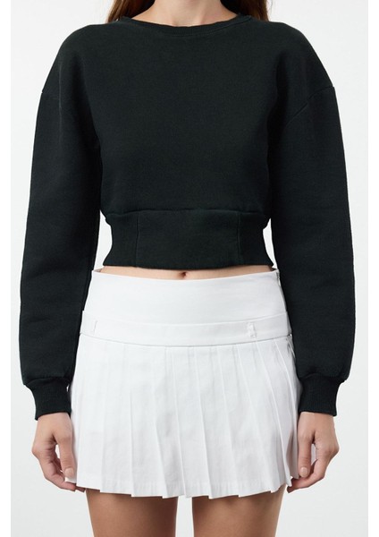 Kadın Moda Şık Relaxed Bisiklet Yaka Düşük Kol Crop Lacivert Rahat Kalıp Crop Örme Sweatshirt