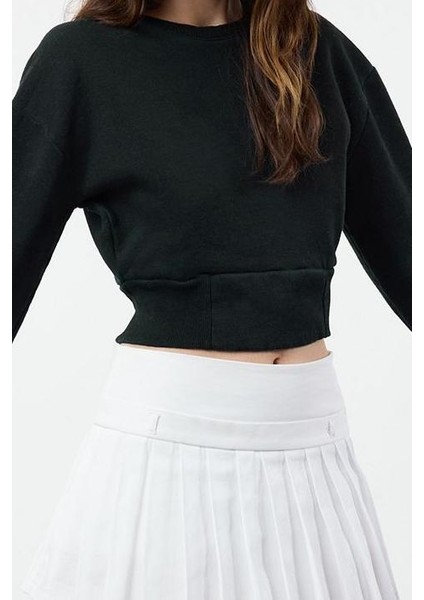 Kadın Moda Şık Relaxed Bisiklet Yaka Düşük Kol Crop Lacivert Rahat Kalıp Crop Örme Sweatshirt