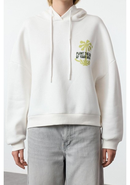 Kadın Moda Relaxed Kapüşonlu Düşük Kol Regular Slogan ve Sırt Baskılı Rahat Kalıp Örme Sweatshirt