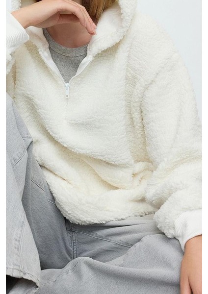 Kadın Moda Şık Bol Kapüşonlu Düşük Kol Uzun Fermuarlı Overize Geniş Kalıp Peluş Örme Sweatshirt