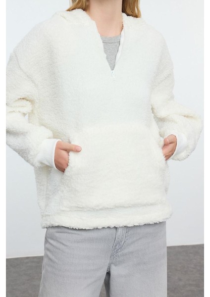 Kadın Moda Şık Bol Kapüşonlu Düşük Kol Uzun Fermuarlı Overize Geniş Kalıp Peluş Örme Sweatshirt