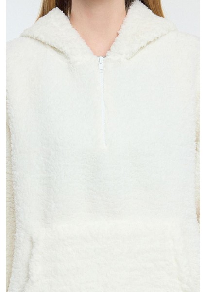 Kadın Moda Şık Bol Kapüşonlu Düşük Kol Uzun Fermuarlı Overize Geniş Kalıp Peluş Örme Sweatshirt